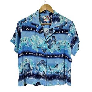 Jams World Rayon Hawaiian Button Shirt Size M Blue Aloha‎ Tropical Vacation